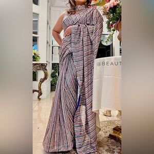 Heavy sequence Striped Multicolor Sari with ready-made blouse